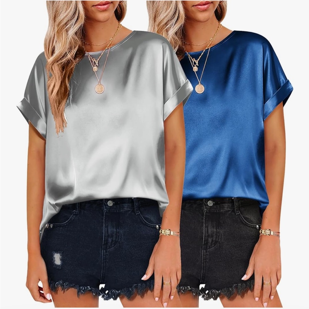Beyove Blue & Gray Satin Tops - Picture 8 of 10